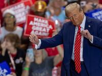Republican presidential nominee former President Donald Trump shows off his dance moves to "YMCA" following his remarks on Wednesday, Oct. 30, 2024, at the Rocky Mount Event Center in Rocky Mount, North Carolina.