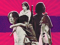 A photo illustration of the cast of Moving on Hulu on a purple red background.