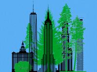 An illustration showing trees growing next to tall skyscrapers.