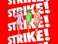 A photo illustration of runway models in front of Strike signage.
