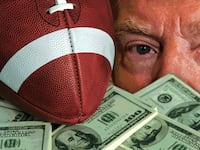 Illustration of Donald Trump's face, dollar bills and a football.