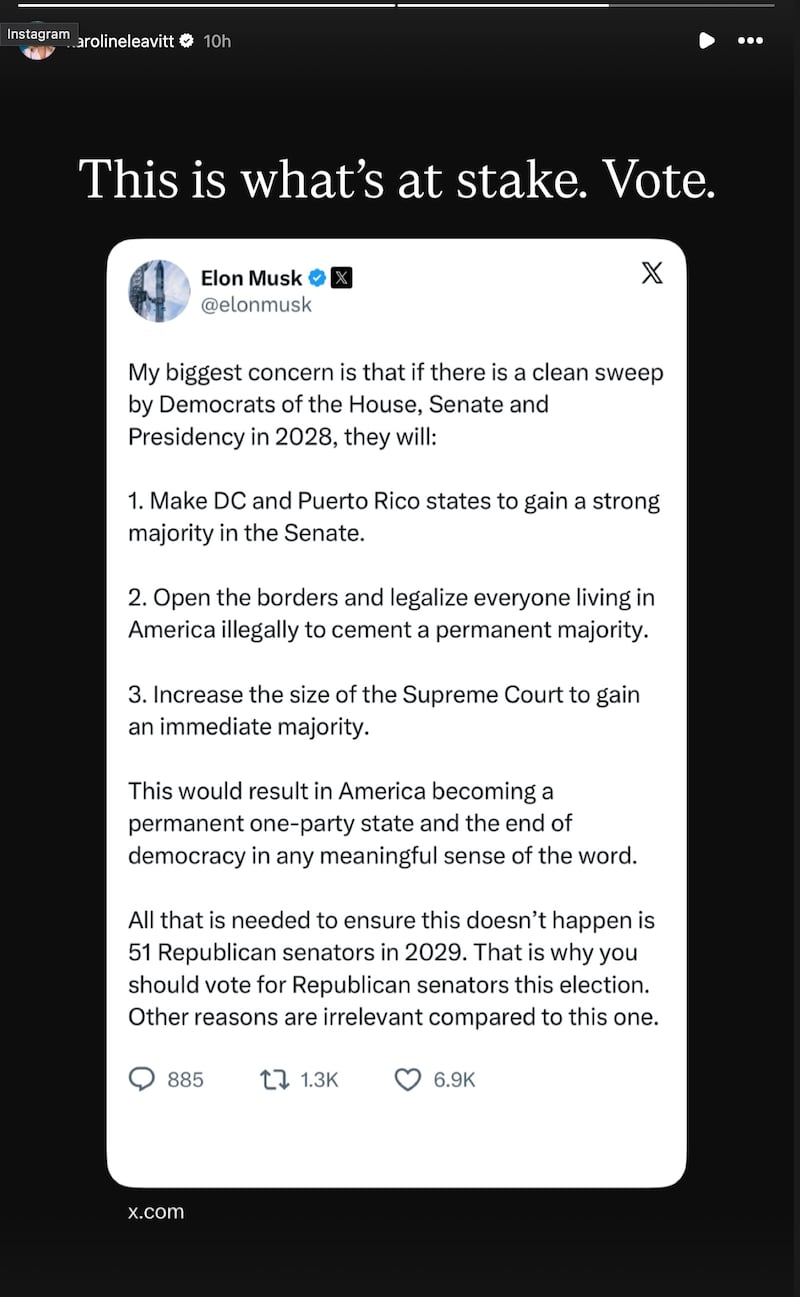 Karoline Leavitt has backed Elon Musk's post-election conspiracy theory.