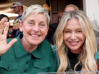INGLEWOOD, CALIFORNIA - FEBRUARY 13: (L-R) Ellen DeGeneres and Portia de Rossi attend Super Bowl LVI at SoFi Stadium on February 13, 2022 in Inglewood, California. (Photo by Kevin Mazur/Getty Images for Roc Nation)