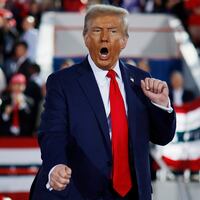 President-elect Donald Trump dances off stage at the conclusion of a campaign rally in Raleigh, North Carolina on November 04, 2024.