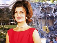 A photo illustration of Jacqueline Kennedy in front of the White House First Lady's Garden/Jacqueline Kennedy Garden on the left and Trump's demolition of the East Wing on the right in Oct. 2025.