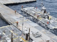 An aerial view of a construction area as construction of the temporary port, to be built to ensure the entry of humanitarian aid to Gaza, still continues in Gaza City, Gaza on April 29, 2024.