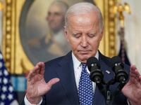 U.S. President Joe Biden gestures as he delivers remarks at the White House.