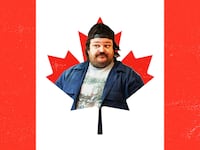 A photo illustration of Matty Matheson inside of a Canadian flag.