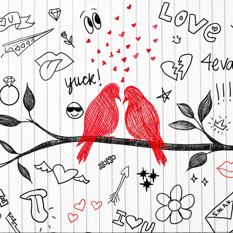Illustration of a spiral notebook with doodles including hearts and two love birds sitting on a branch with hearts coming up