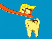 Illustration of a red toothbrush with Donald Trump's hair as the toothpaste and a decaying tooth below it