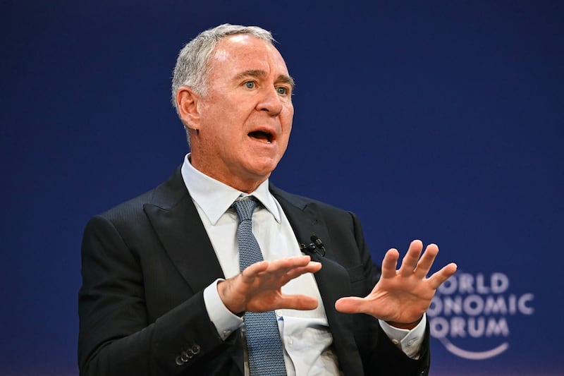 Founder and CEO of Citadel Ken Griffin gestures as he speaks during the World Economic Forum (WEF) annual meeting in Davos on January 21, 2026. The World Economic Forum takes place in Davos from January 19 to January 23, 2026. (Photo by Fabrice COFFRINI / AFP via Getty Images)