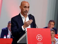 President of the Royal Spanish Football Federation Luis Rubiales announces he will be staying as president during the meeting RFEF at Las Rozas, Spain, Aug. 25, 2023.