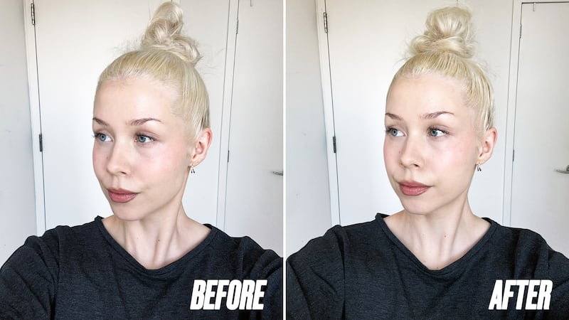 Roosa Rahkonen shows her hair bun before and after
