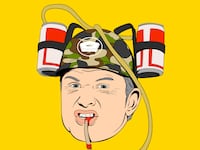 illo illustration of Pete Hegseth wearing a camo beer helmet