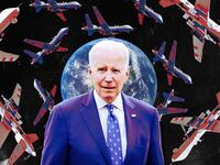 A photo illustration of President Biden and military drones circling Earth.
