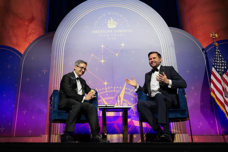 Founder and chief economist of American Compass Oren Cass (L) speaks with U.S. Vice President JD Vance (R) during the American Compass New World Gala at the National Building Museum on June 03, 2025 in Washington, DC.