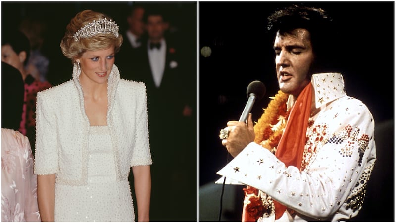 Princess Diana is pictured next to Elvis Presley, both wearing similar high-collared white jackets.