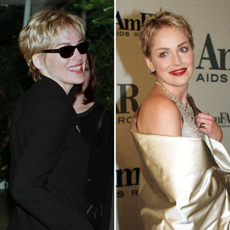 Sharon Stone cut her hair into a layered pixie in 1996 and kept the style for years. Pictured here in 1996 and 1998.