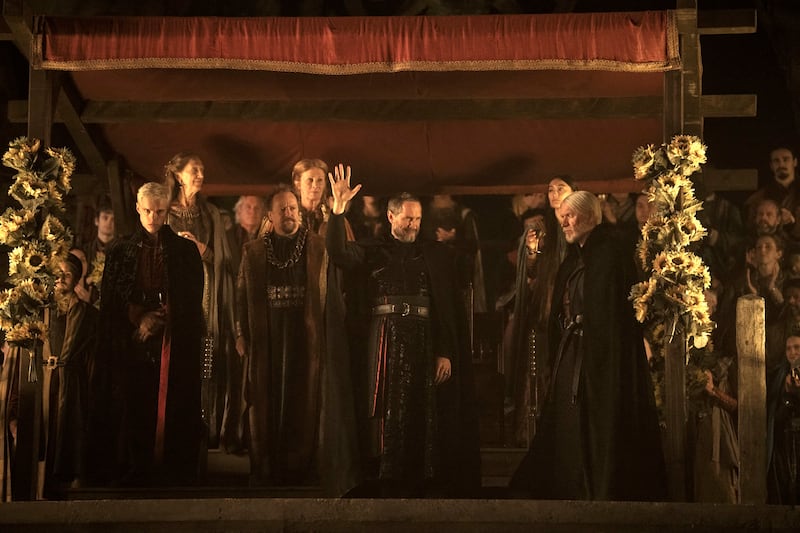 Finn Bennett, Bertie Carvel, and Sam Spruell in A Knight of the Seven Kingdoms.