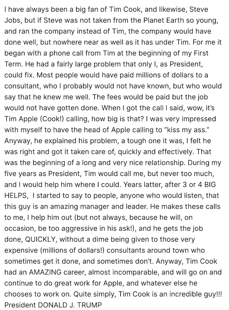 Trump's Cook tribute in full.
