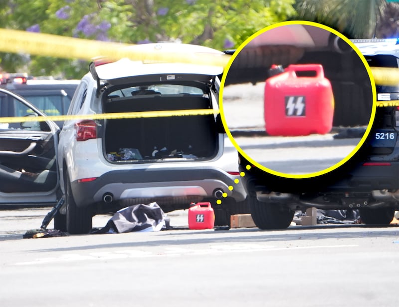 Photo of a gas can with a sticker with Nazi SS symbol belonging to the shooters of the mosque in San Diego
