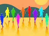 A photo illustration of colorful silhouettes running on an abstract landscape.