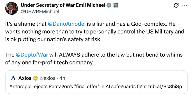 Pentagon staffer Emil Michael hits back at AI CEO Dario Amodei.