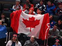 BOSTON, MASSACHUSETTS - FEBRUARY 17: Fans of Team Canada hold up a Canadian flag during the third period of the 4 Nations Face-Off between Team Canada and Team Finland at TD Garden on February 17, 2025 in Boston, Massachusetts. (Photo by Steve Babineau/4NFO/World Cup of Hockey via Getty Images)