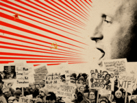 Photo illustrative gif of Stephen Miller in a traditional communist propaganda style with "woke" protestors and communist symbols coming out of his mouth