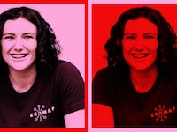 Photo illustration of Pava Lapere on a red and pink background