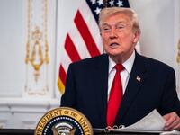 PALM BEACH, FLORIDA - NOVEMBER 27: President Donald Trump participates in a call with U.S. service members from his Mar-a-Lago club in Florida on Thanksgiving Day on November 27, 2025 in Palm Beach, Florida. (Photo by Pete Marovich/Getty Images)