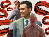 Photo illustration of Cillian Murphy, Emily Blunt, and Matt Damon in Oppenheimer with a background of red lips.