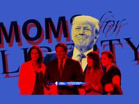 A photo illustration of Ron Desantis with the founders of Moms for Liberty presenting him a sword, with Donald Trump in the background.
