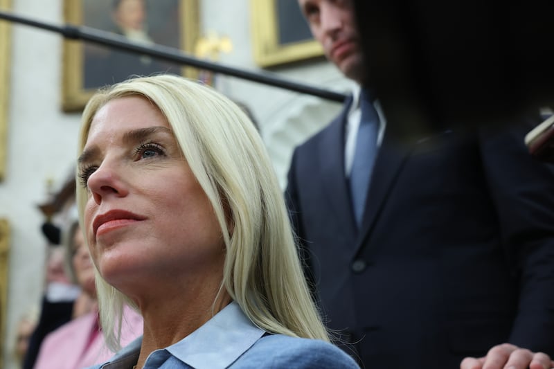 WASHINGTON, DC - APRIL 14: Pam Bondi, U.S. Attorney General, listens as U.S. President Donald Trump meets with President Nayib Bukele of El Salvador in the Oval Office of the White House on April 14, 2025 in Washington, DC. Trump and Bukele were expected to discuss a range of bilateral issues including the detention of Kilmar Armando Abrego Garcia, who has been held in a prison in El Salvador since March 15. (Photo by Win McNamee/Getty Images)