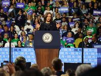 Democratic presidential nominee, Vice President Kamala Harris speaks during a campaign rally at Erie Insurance Arena on October 14, 2024 in Erie, Pennsylvania.
