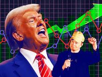 A photo illustration of Donald Trump, Elon Musk, and a betting market graph.