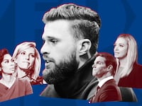 A photo illustration showing Harrison Butker, Laura Ingraham, Kayleigh McEnany, Harris Faulkner and Bill Hemmer in front of the Fox News logo.