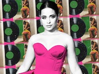 A woman in a pink dress.