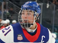 Hilary Knight of Team United States looks on in the third period during the Women's Preliminary Round Group A match between the United States and Switzerland on day three of the Milano Cortina 2026 Winter Olympic games at Milano Santagiulia Ice Hockey Arena on February 09, 2026 in Milan, Italy.