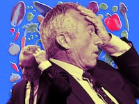 A photo illustration of RFK Jr. with background of farmers market produce.