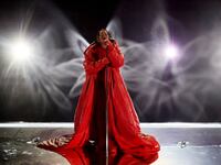 Rihanna performs the Super Bowl LVII half time show