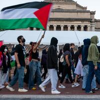 A photo of Columbia University students marching in support of Palestine last month.