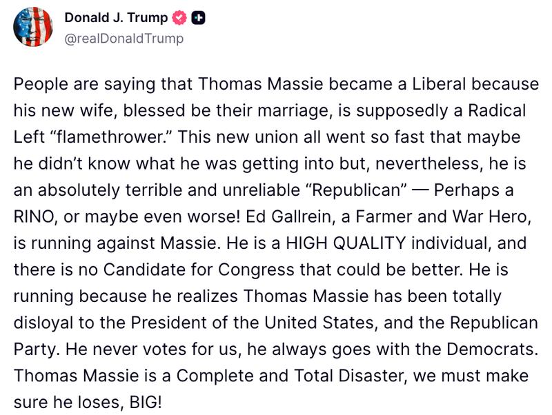 Trump Truth Social post about Thomas Massie's wife
