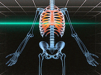 An illustration including a skeleton and 3D laser scanner