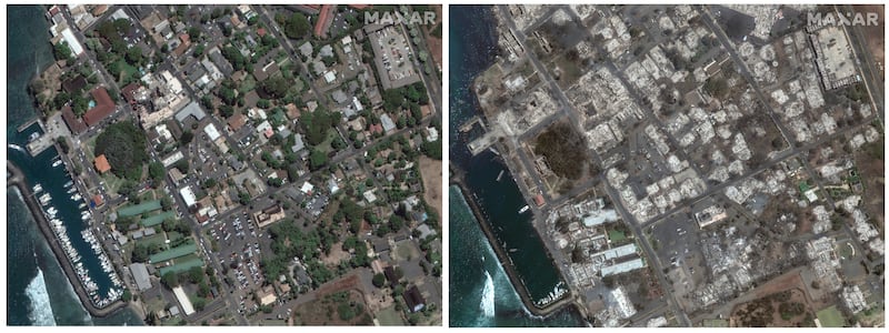 An aerial view shows wildfire smoke in Lahaina.