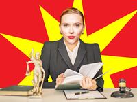 A photo illustration of Scarlett Johansson as a lawyer