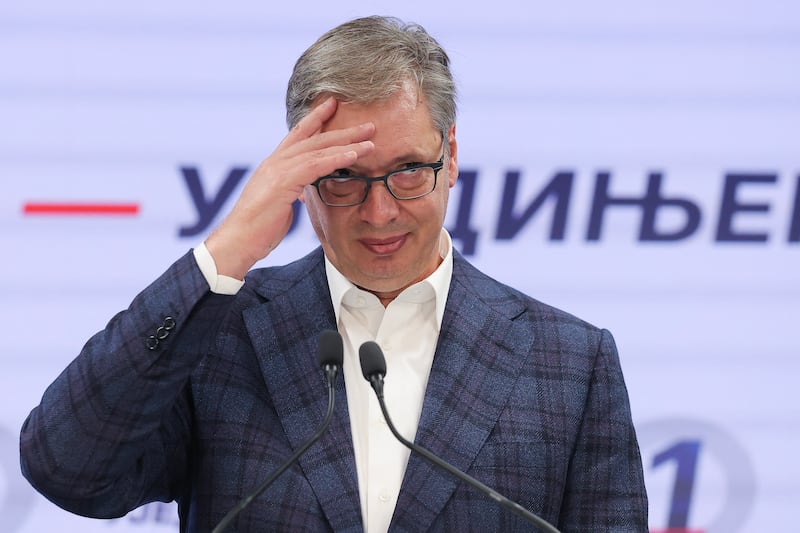 Former Serbian president Aleksandar Vucic, the Serbian Progressive Party (SNS) candidate for prime minister, delivers a speech and concedes defeat in the Serbian parliamentary elections in Belgrade on October 25, 2026. The vote saw the hightest voter turnout in over 30 years according to the election commission and is the culmination of nearly two years of student-led protests sparked by the 2024 collapse of a canopy at Novi Sad railway station that killed 16 people, a tragedy widely blamed on corruption. (Photo by Pedja Milosavljevic / AFP via Getty Images)