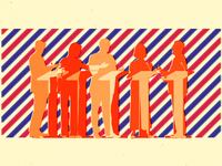 A photo illustration of silhouettes of politicians debating at podiums.