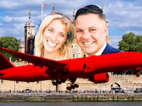 A photo illustration of Zach and Kelly Nunn and the Tower of London.