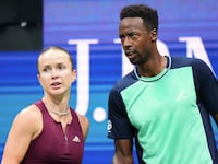 NEW YORK, NEW YORK - AUGUST 26: Elina Svitolina and Gael Monfils react during a mixed doubles semifinal match during Fan Week as part of the 2026 US Open at USTA Billie Jean King National Tennis Center on Wednesday, August 26, 2026 in Flushing, NY. (Photo by Garrett Ellwood/USTA via Getty Images)